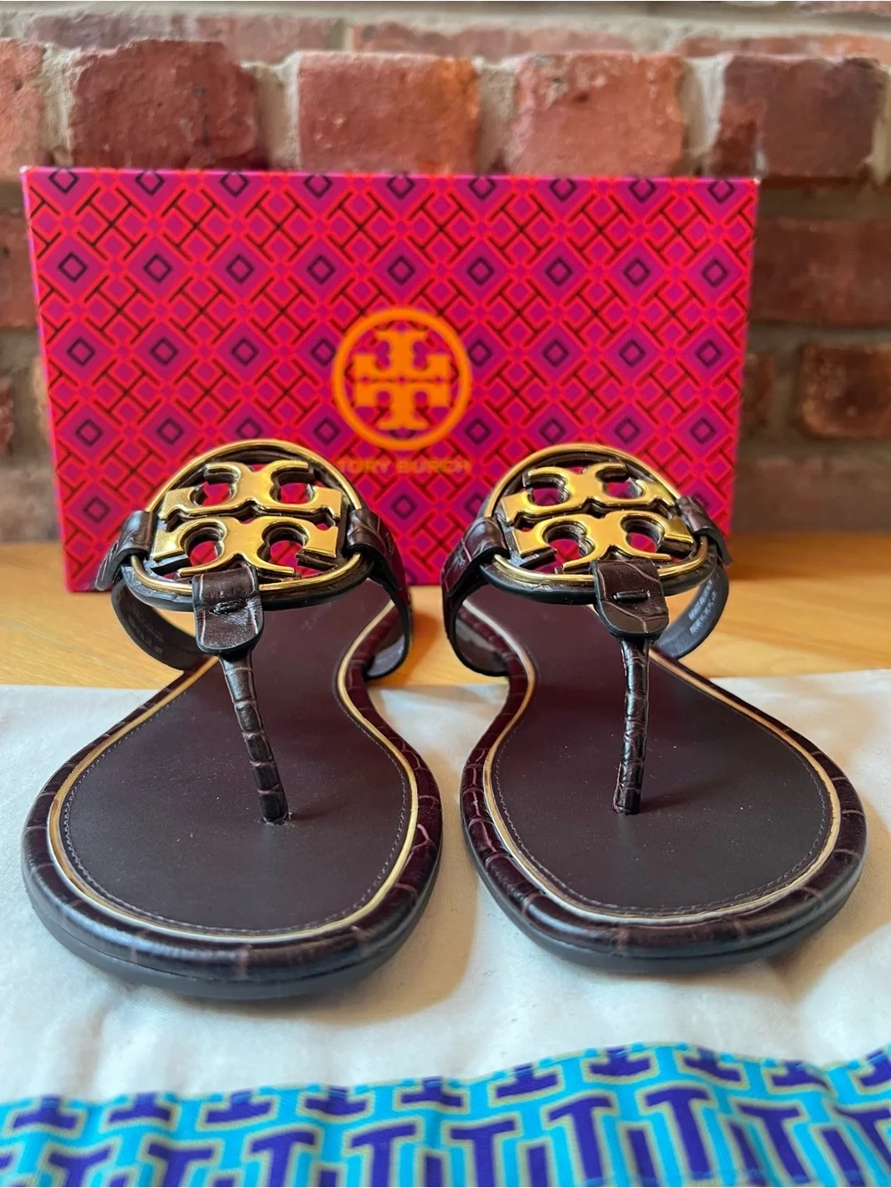 Tory Burch Coco Bark Dark Brown Croco Embossed Leather Metal Miller Sandals